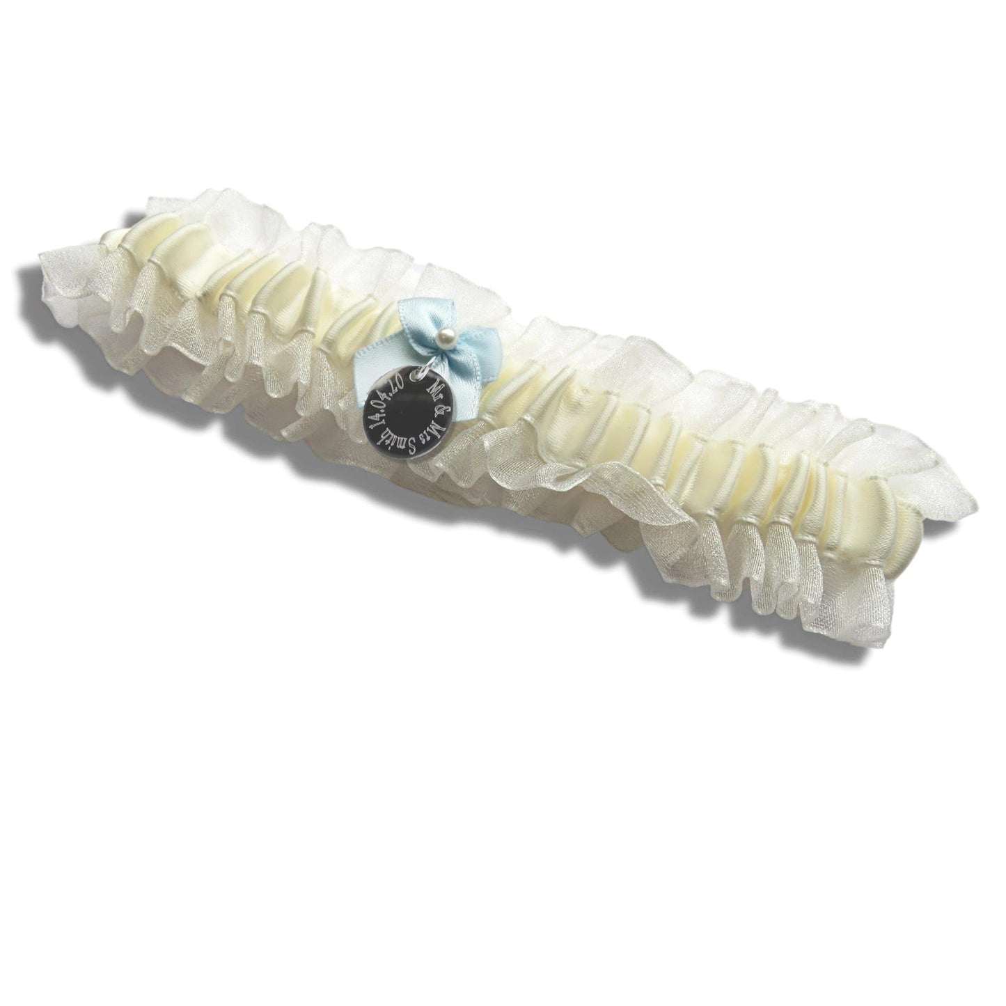 Personalised Wedding Garter UK, Something Blue Bridal Garter with Engraved Charm