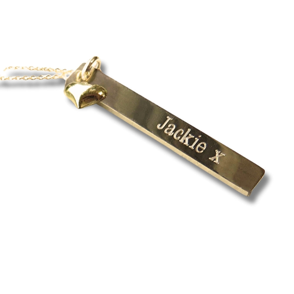 Personalised Gold Thin Bar Necklace & Mini Heart Charm