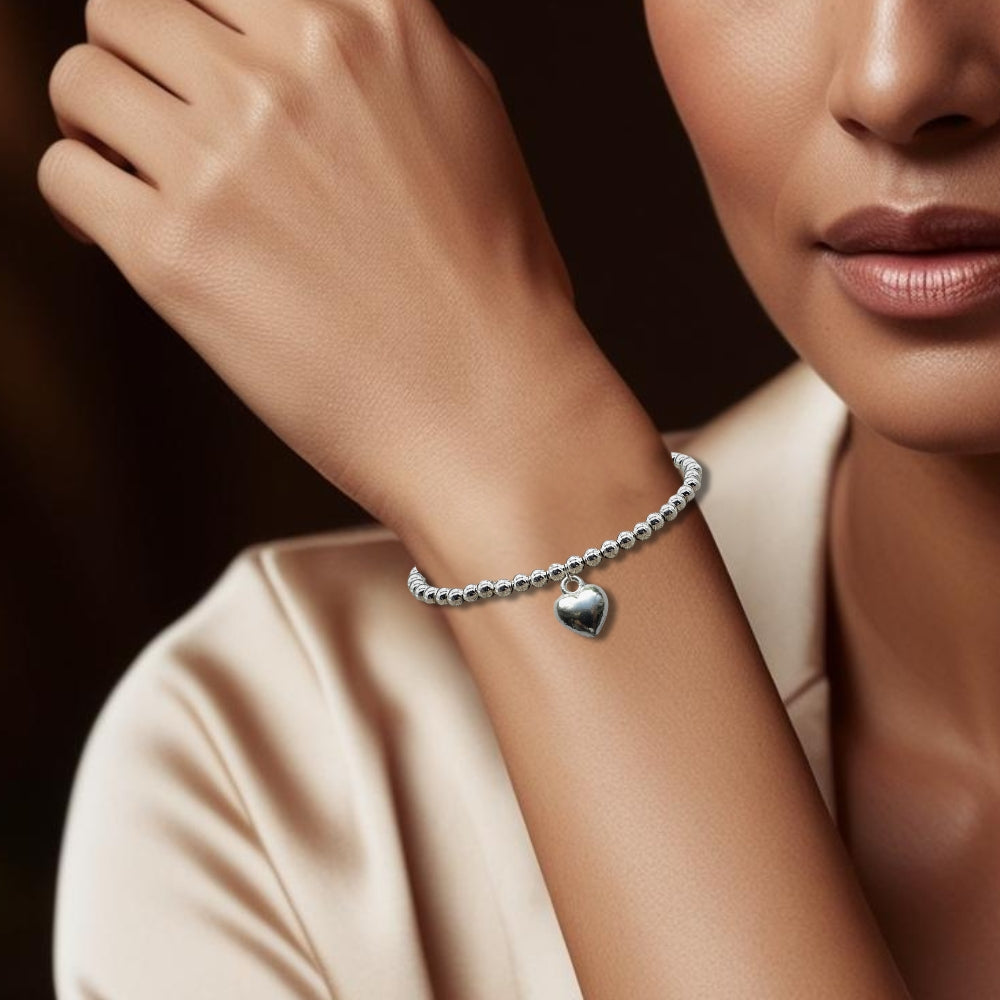 Puff Heart Silver Beaded Stretch Bracelet