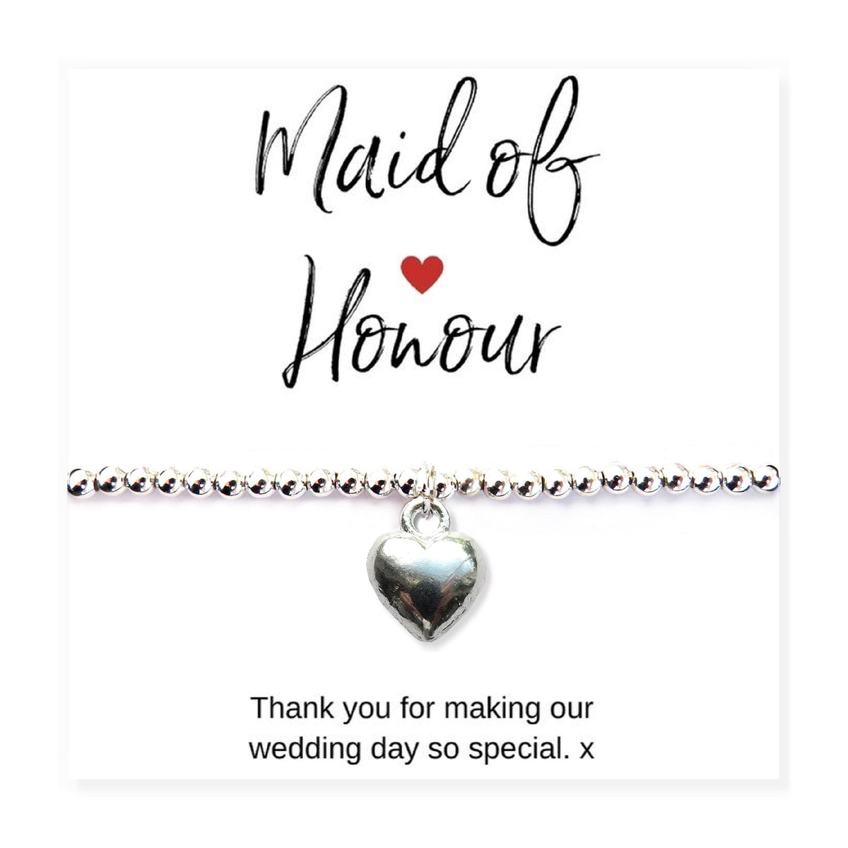 Maid of Honour Heart Bracelet & Thank You Gift Card