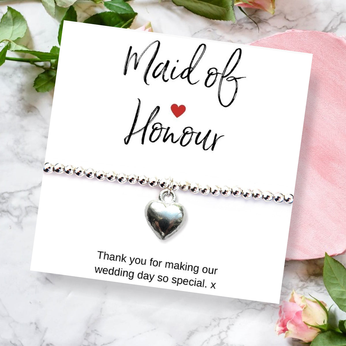 Maid of Honour Heart Bracelet & Thank You Gift Card
