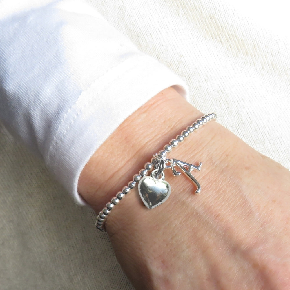 Personalised Silver Initial & Heart Charm Beaded Stretch Bracelet