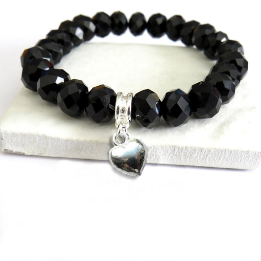 Black Crystal Beaded Heart Charm Bracelet