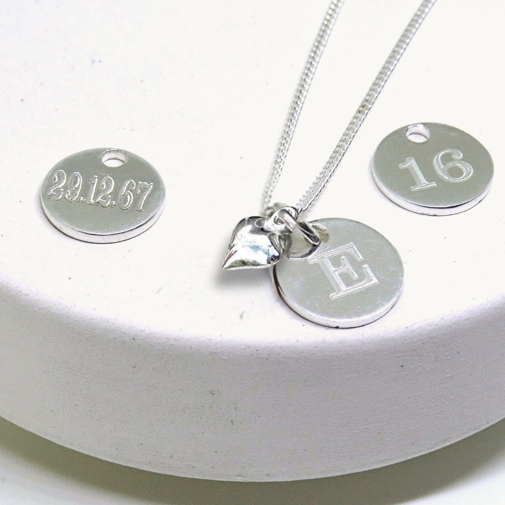 Personalised Silver Mini Disc Heart Charm Necklace
