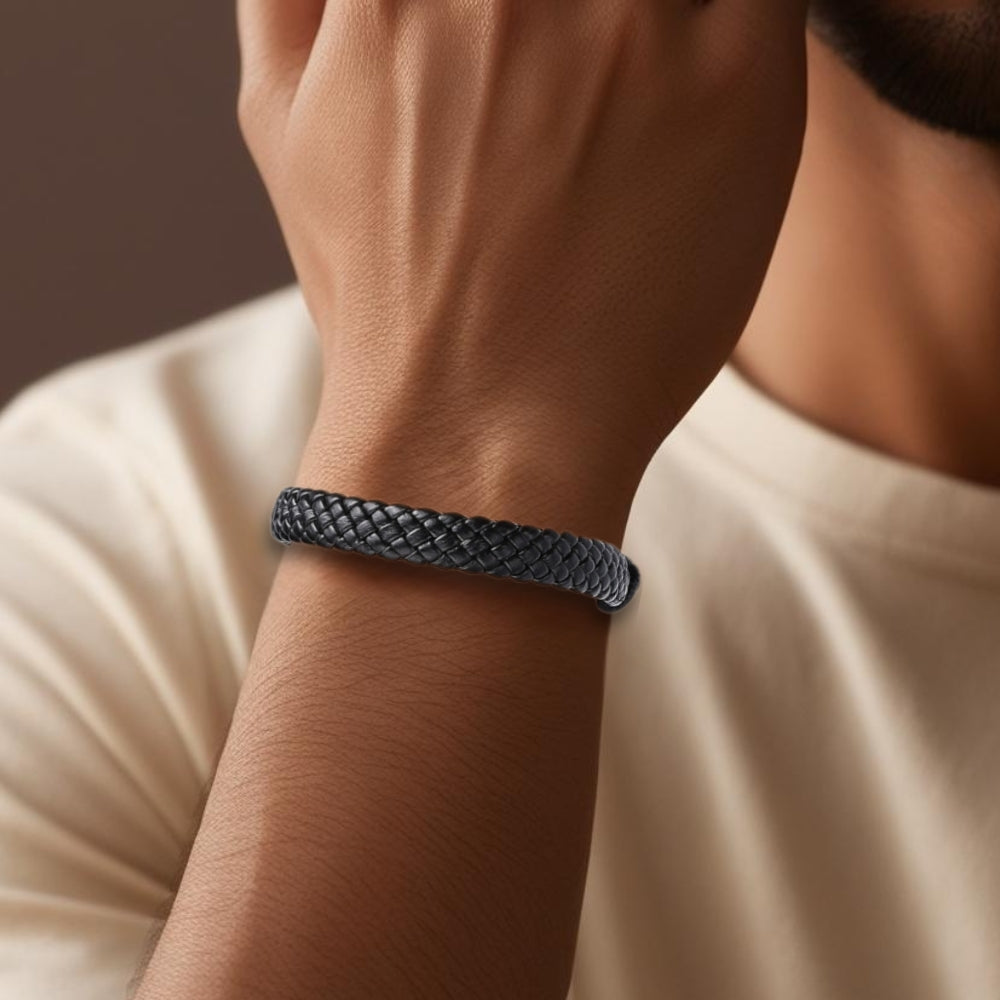 Personalised Men's Black Leather Weave Bracelet