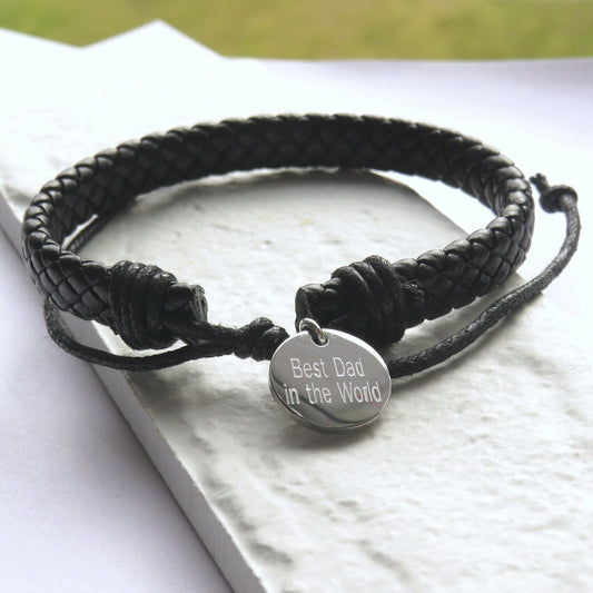 Personalised Men's Black Leather Weave Bracelet