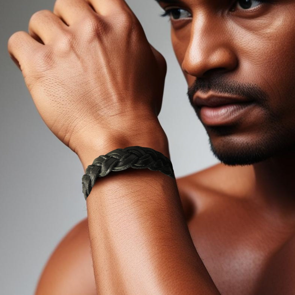 Personalised Men's Black Pleated Leather Bracelet
