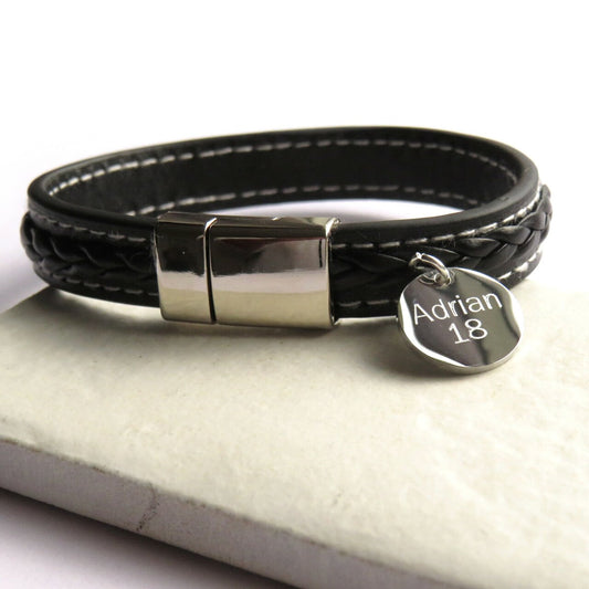 Personalised Men's Stitched Black Leather Bracelet