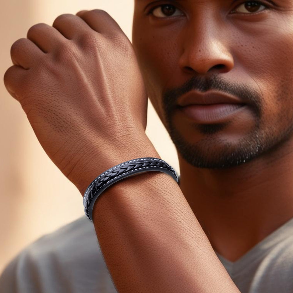 Personalised Men's Stitched Black Leather Bracelet