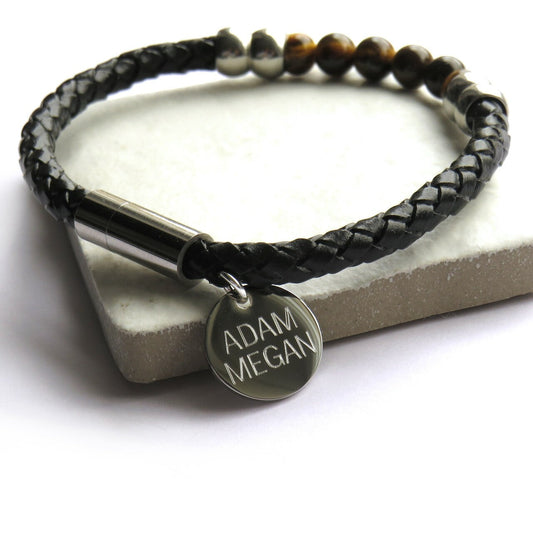 Personalised Men's Tigers Eye Leather Bracelet