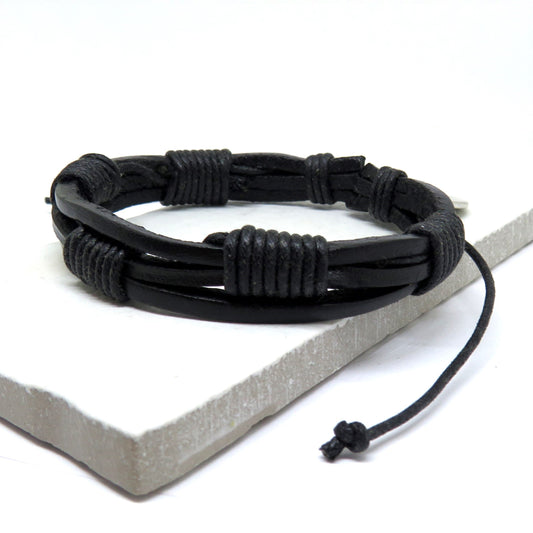 Men's Black Leather Cord Bracelet