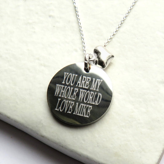 Personalised Silver Disc & Mini Heart Necklace