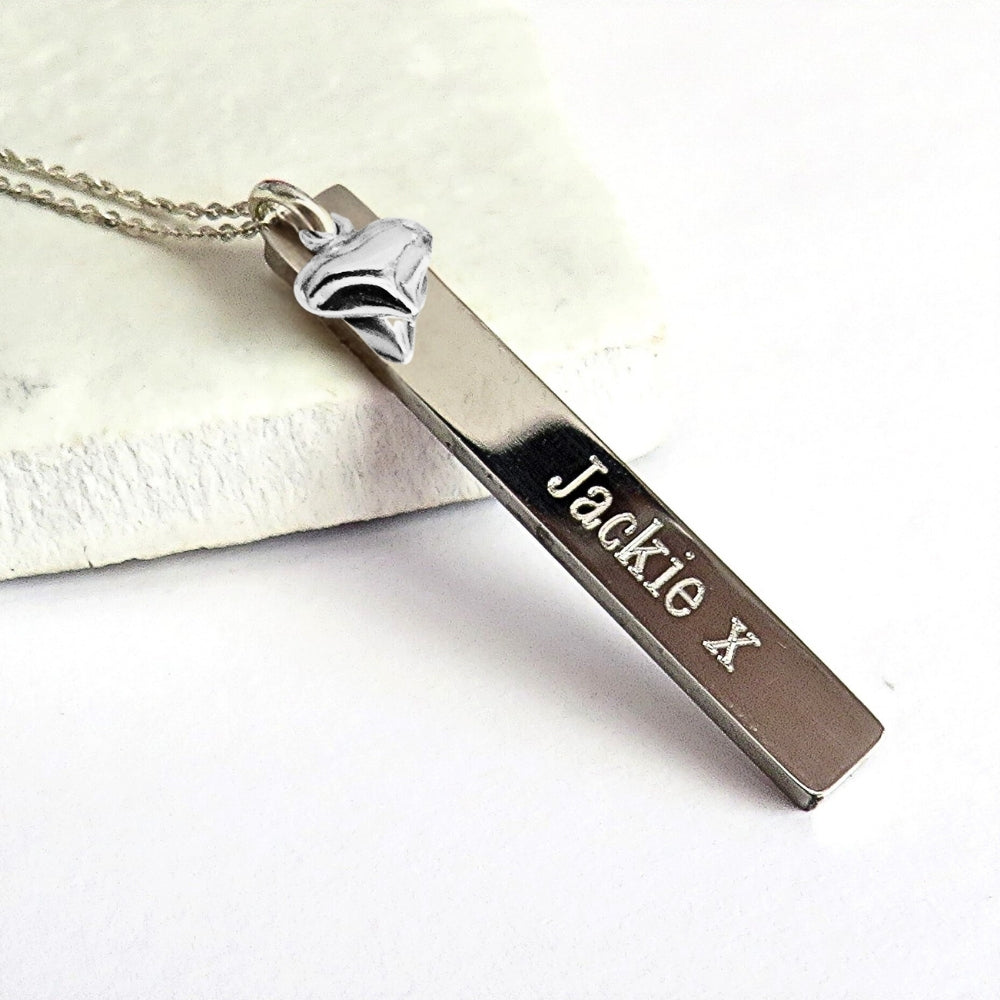 Personalised Silver Thin Bar Necklace &  Mini Heart Charm