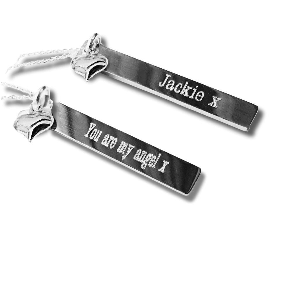Personalised Silver Thin Bar Necklace &  Mini Heart Charm