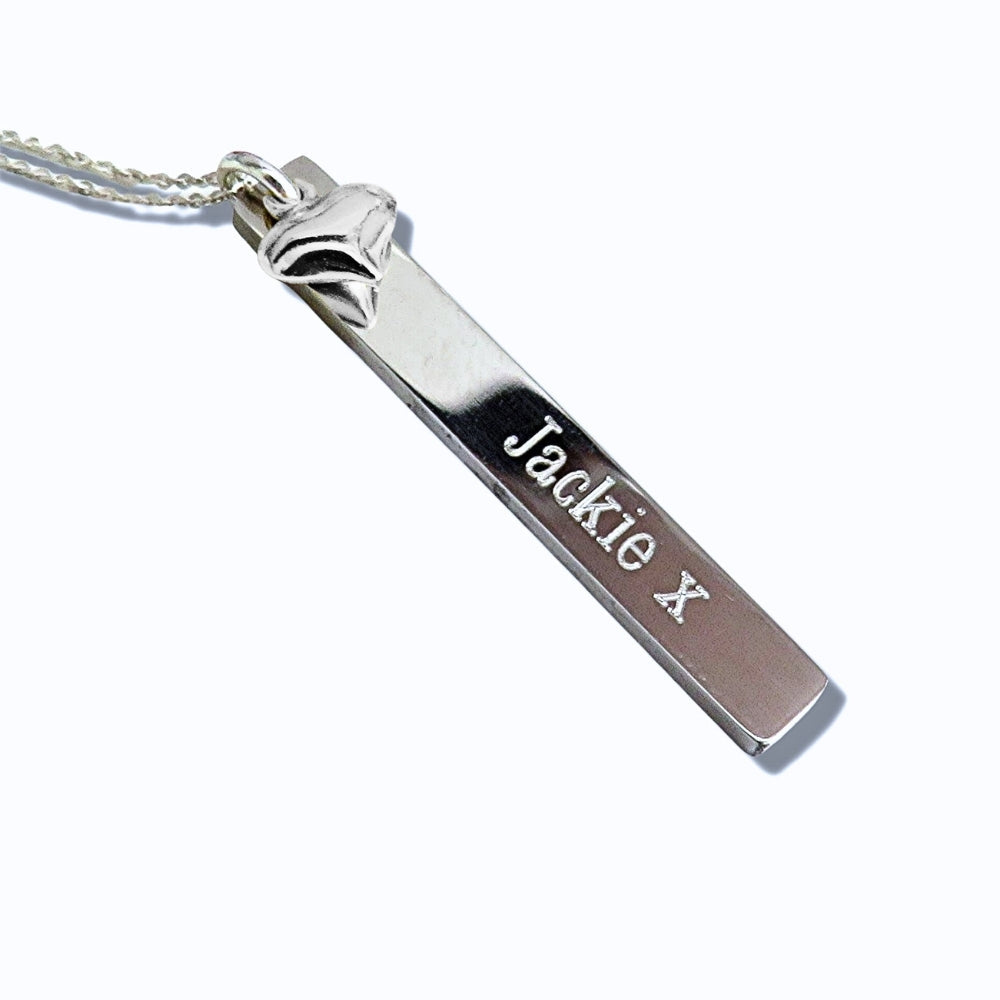 Personalised Silver Thin Bar Necklace &  Mini Heart Charm