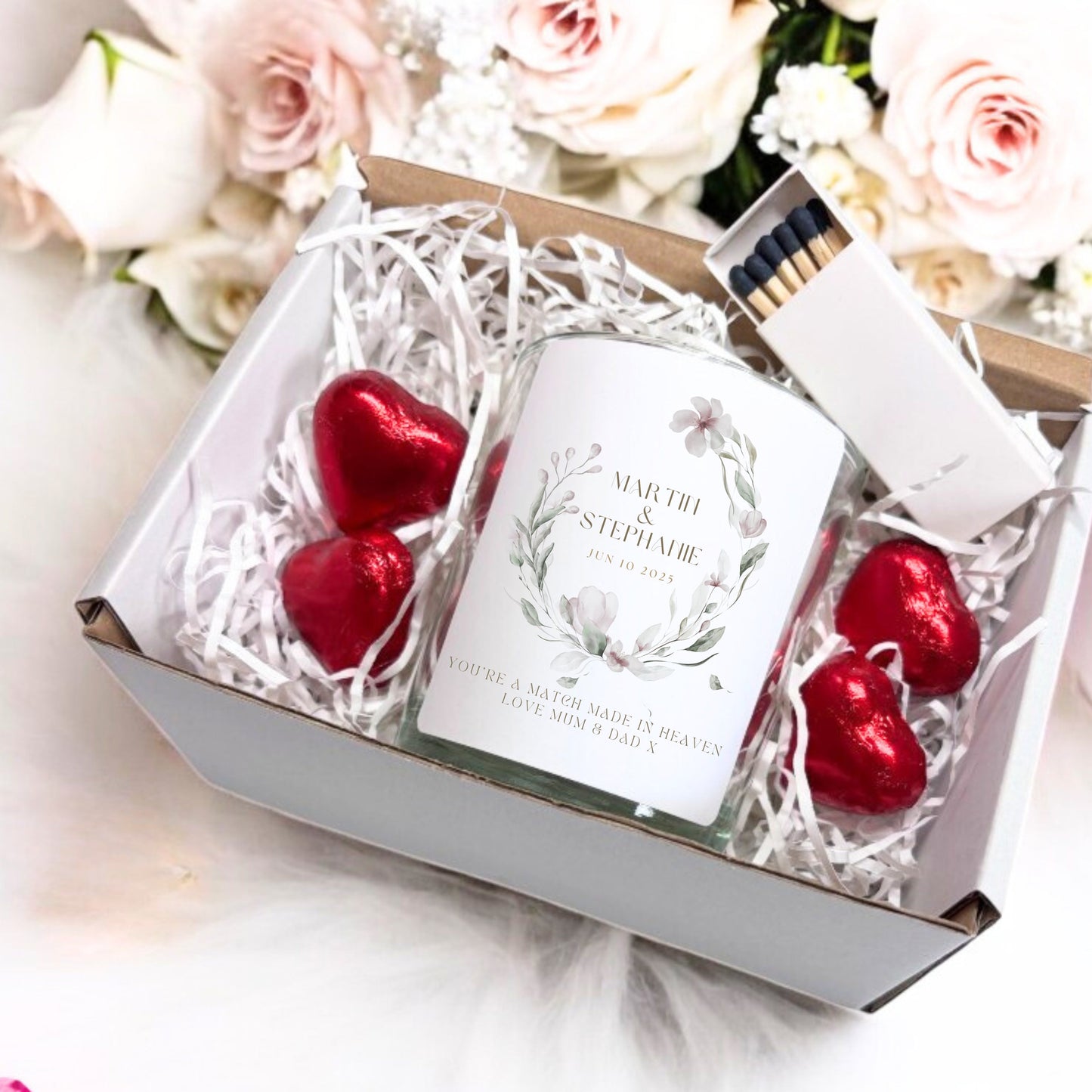 Personalised Watercolour Flowers Candle Gift Set | Keepsake for Couples