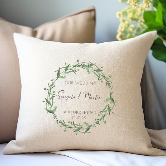 Personalised Green Floral Wedding Cushion