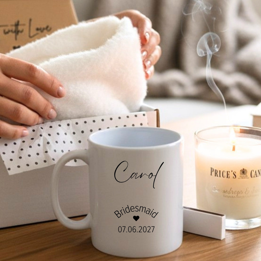 Personalised Bridesmaid Mug, Candle & Socks Gift Hamper | Wedding Gift