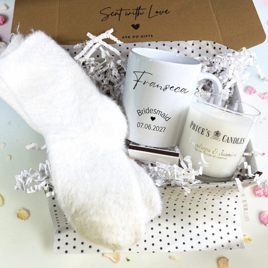 Personalised Bridesmaid Mug, Candle & Socks Gift Hamper | Wedding Gift