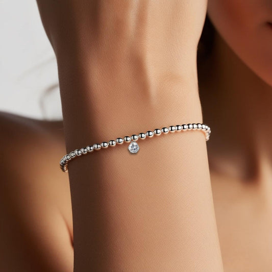 Cubic Zirconia 6mm Silver Beaded Bracelet