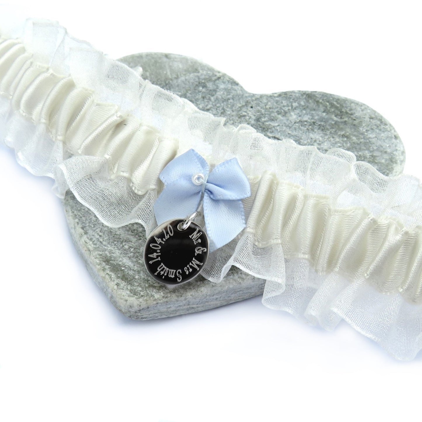 Personalised Wedding Garter UK, Something Blue Bridal Garter with Engraved Charm
