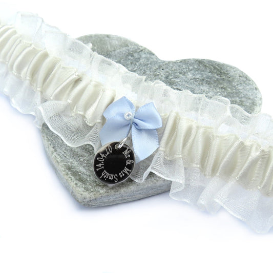 Personalised Wedding Garter UK, Something Blue Bridal Garter with Engraved Charm