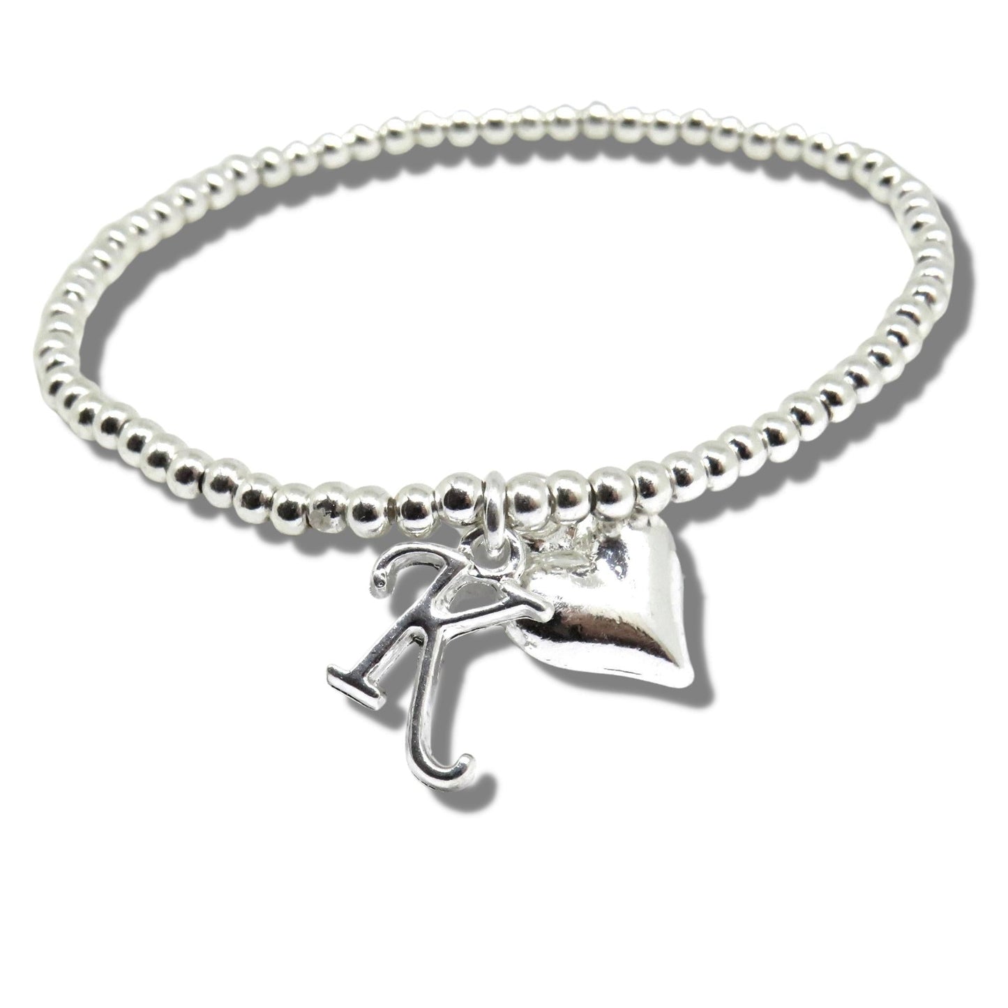 Personalised Silver Initial & Heart Charm Beaded Stretch Bracelet