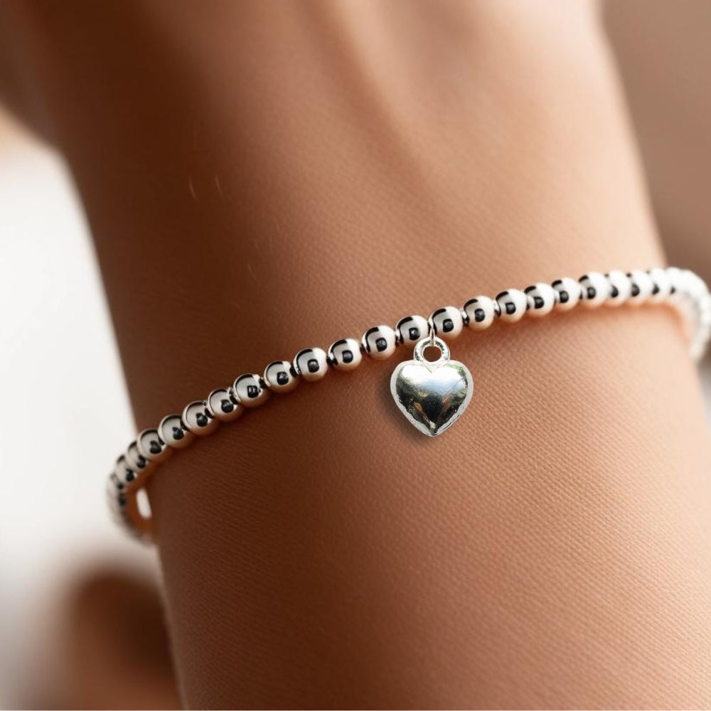 Puff Heart Silver Beaded Stretch Bracelet