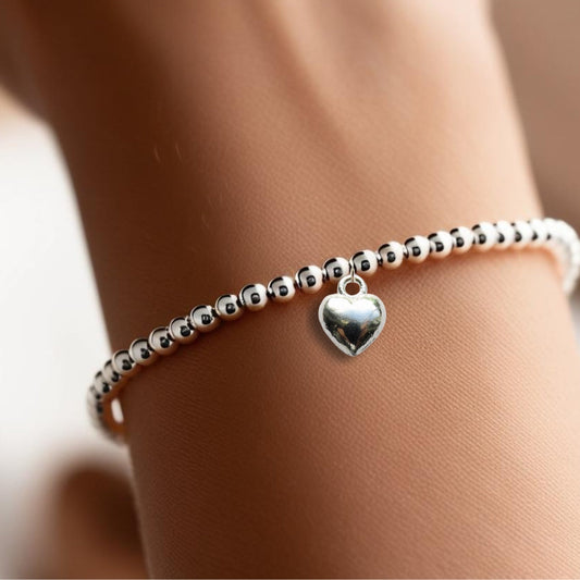 Puff Heart Silver Beaded Stretch Bracelet